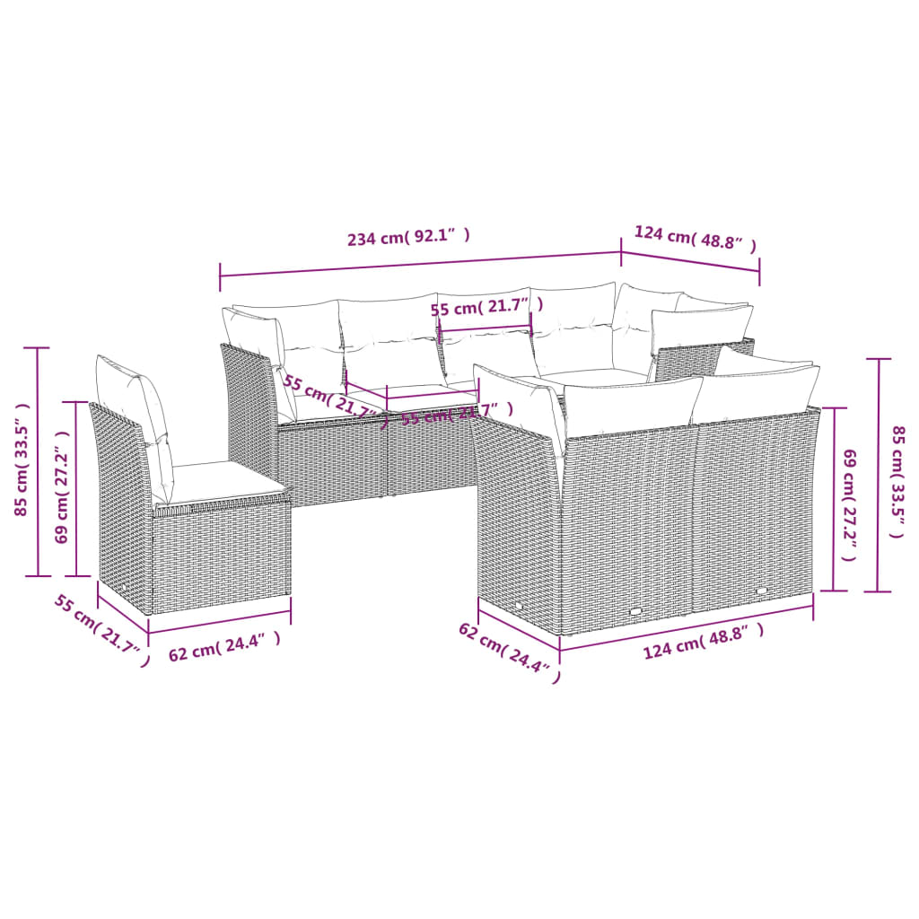 9-delige Loungeset met kussens poly rattan