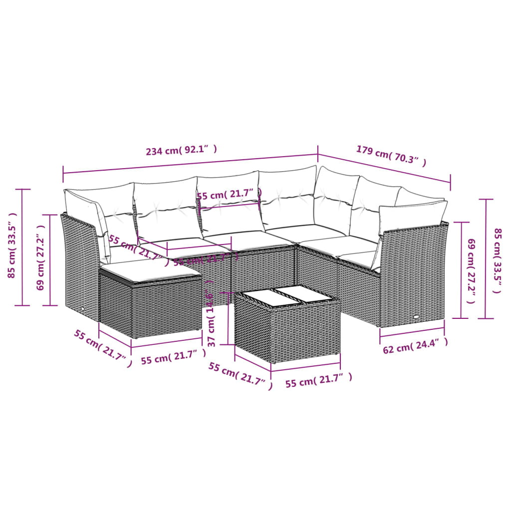 7-delige Loungeset met kussens poly rattan