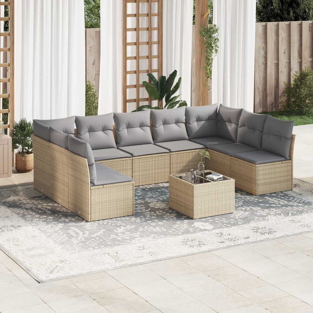 10-delige Loungeset met kussens poly rattan beige