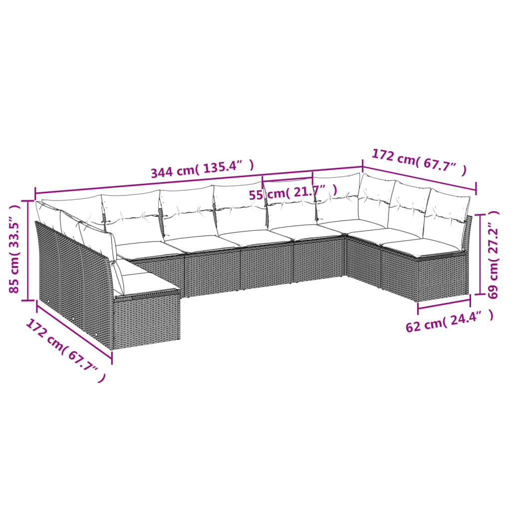 11-delige Loungeset met kussens poly rattan