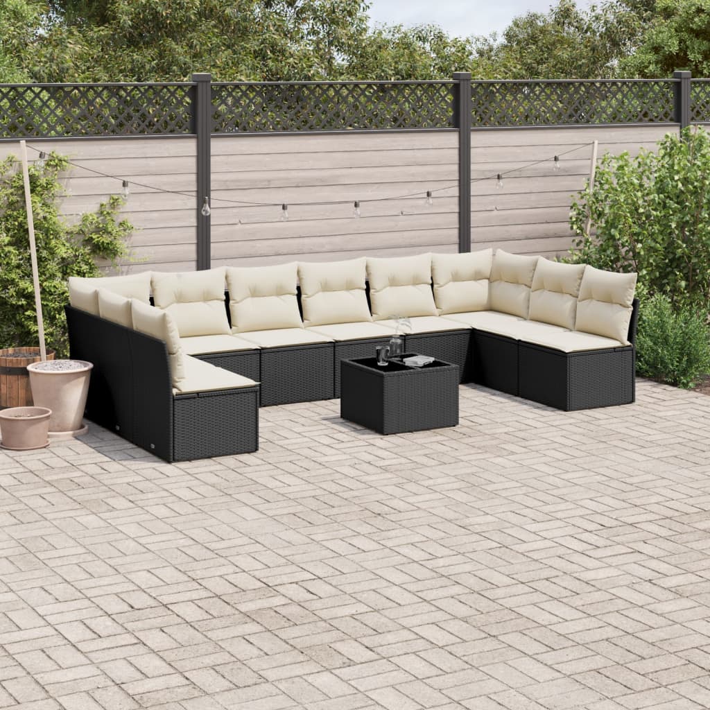 11-delige Loungeset met kussens poly rattan zwart