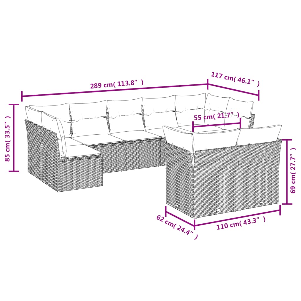 10-delige Loungeset met kussens poly rattan