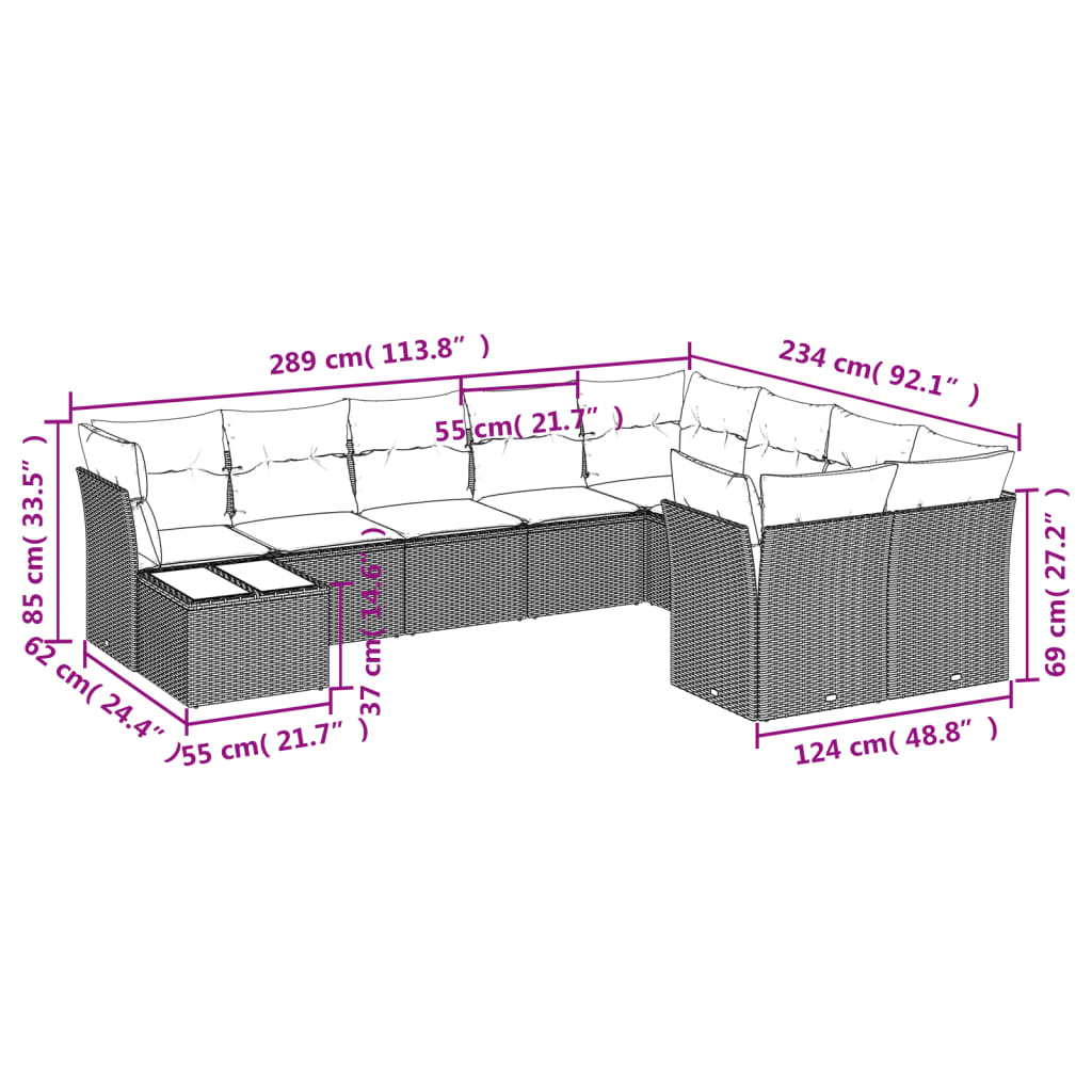 10-delige Loungeset met kussens poly rattan zwart