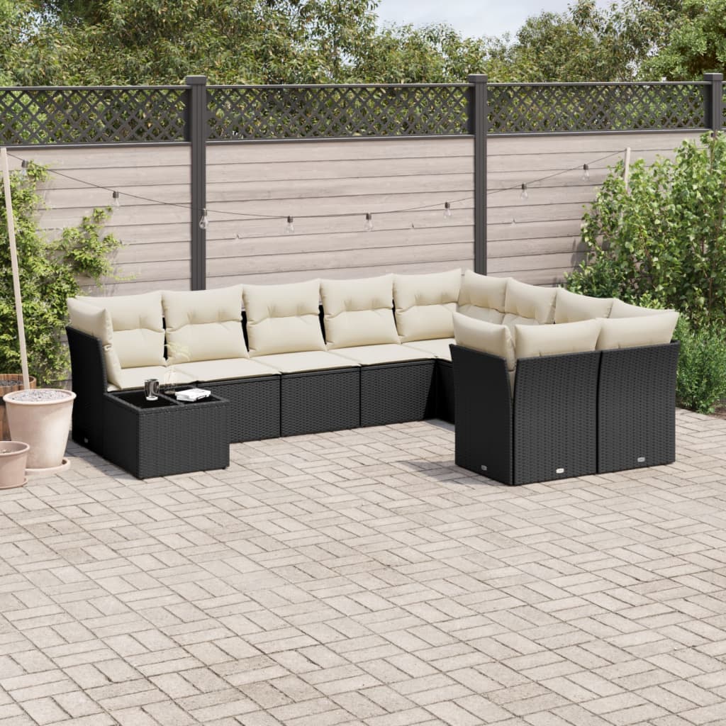 10-delige Loungeset met kussens poly rattan zwart