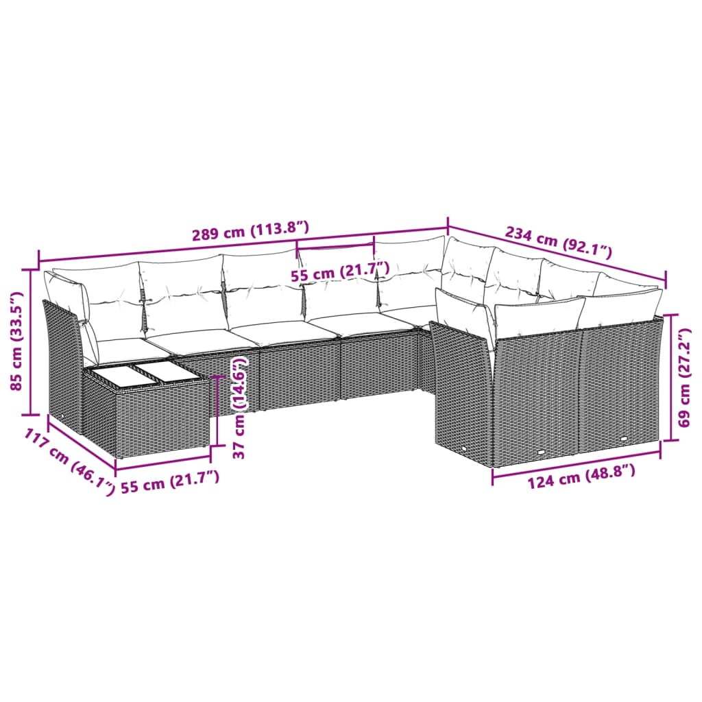 10-delige Loungeset met kussens poly rattan beige