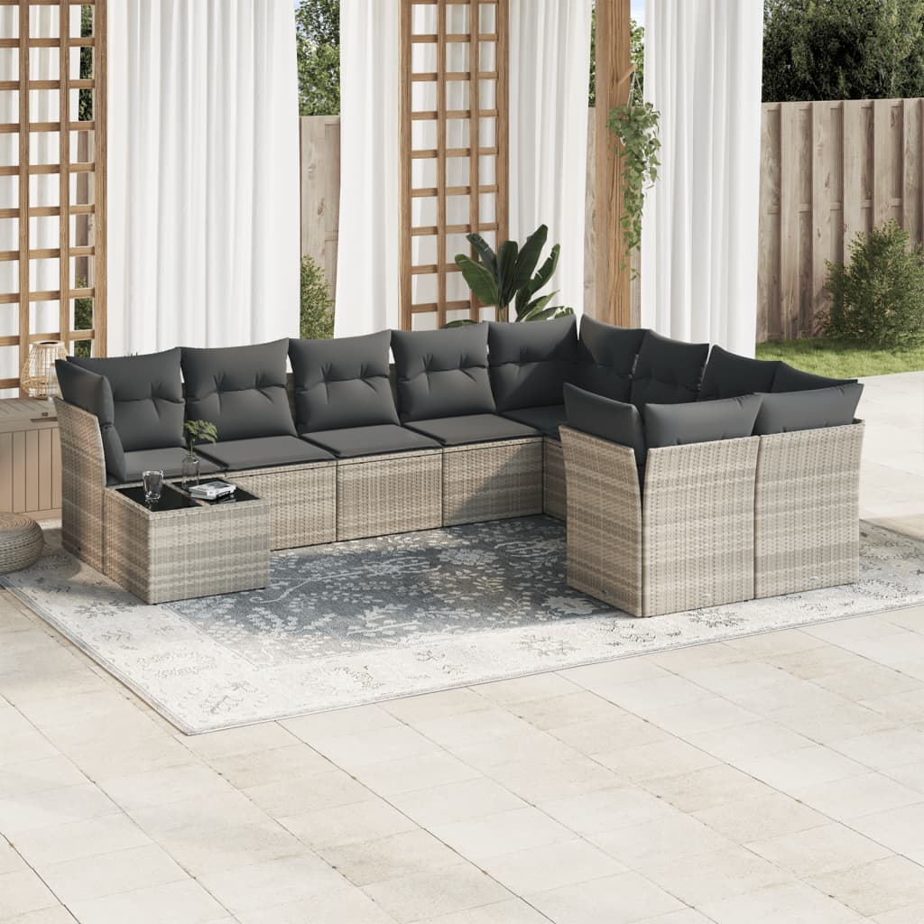 10-delige Loungeset met kussens poly rattan zwart