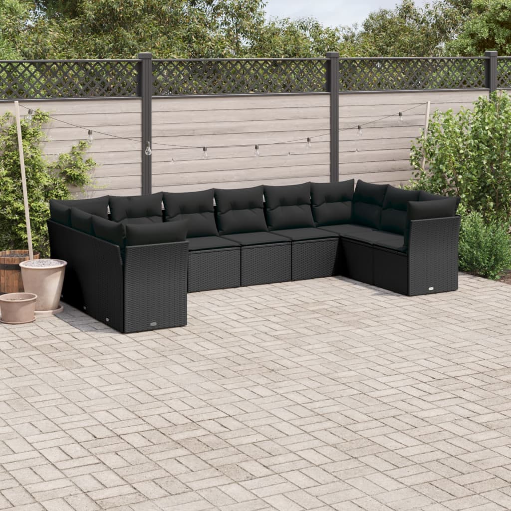 10-delige Loungeset met kussens poly rattan zwart