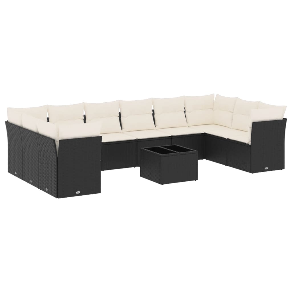 10-delige Loungeset met kussens poly rattan zwart