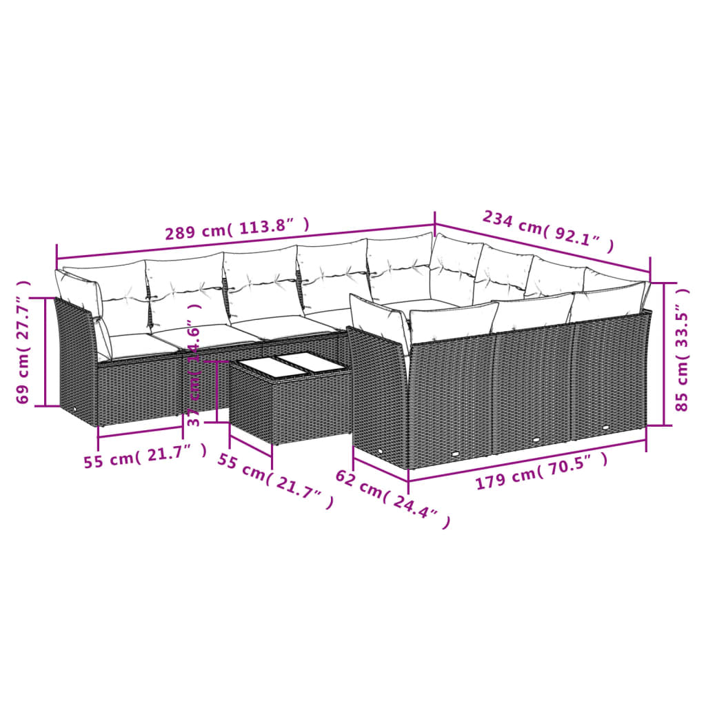 10-delige Loungeset met kussens poly rattan bruin