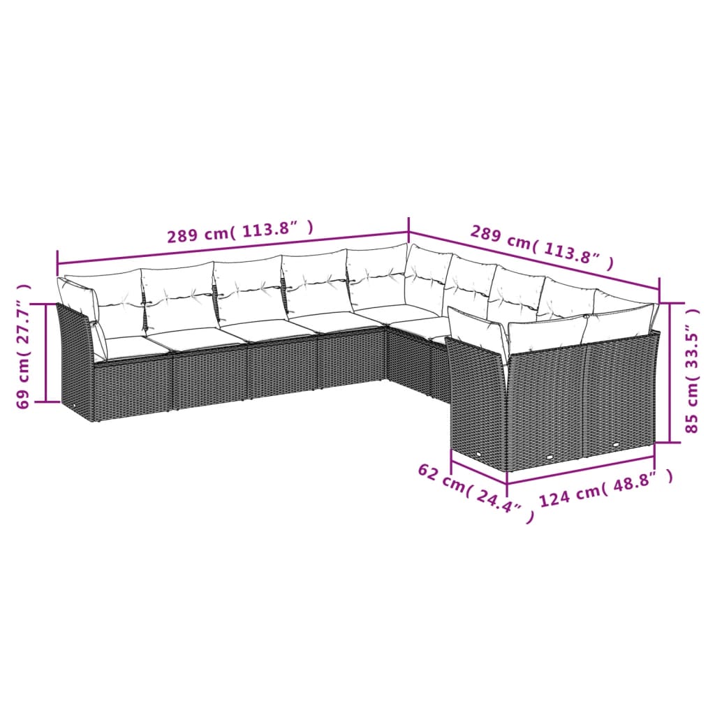 11-delige Tuinset met kussens poly rattan beige