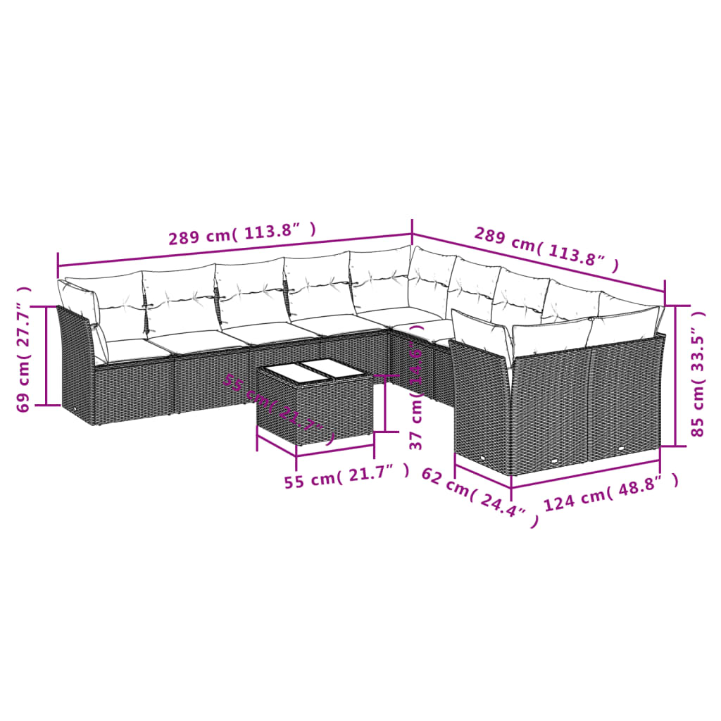 10-delige Loungeset met kussens poly rattan