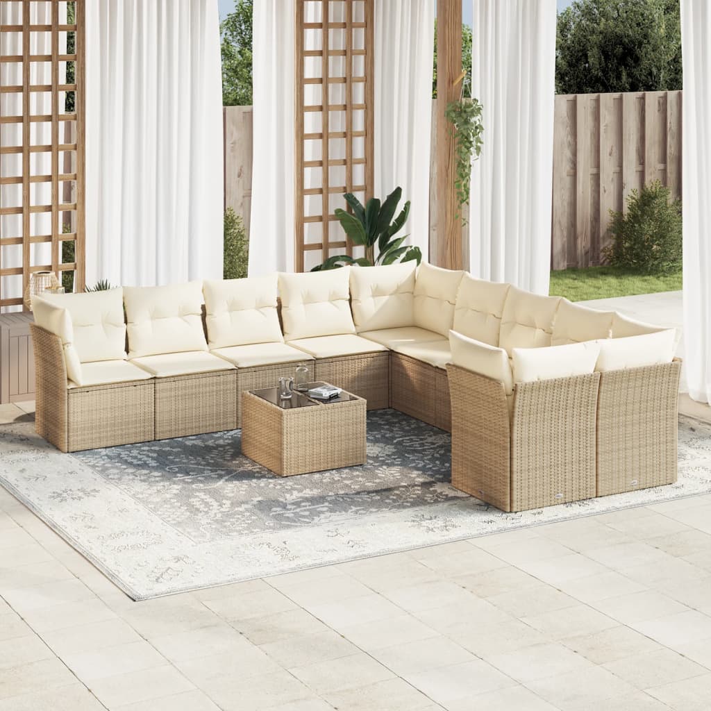 11-delige Tuinset met kussens poly rattan beige