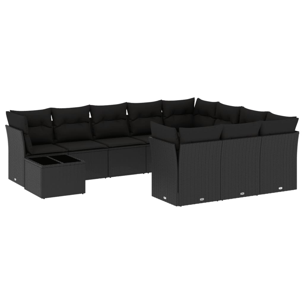 11-delige Loungeset met kussens poly rattan zwart