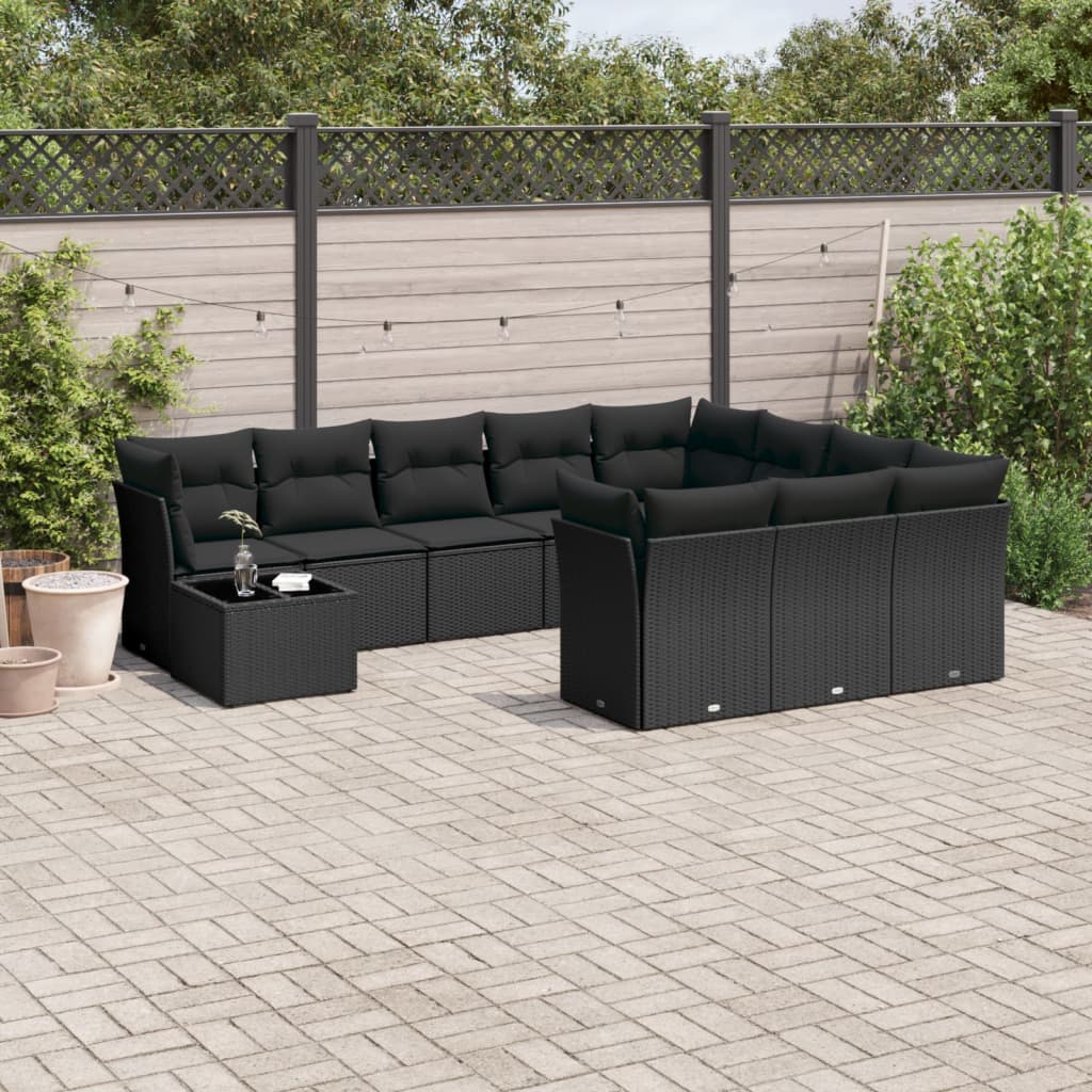 11-delige Loungeset met kussens poly rattan zwart