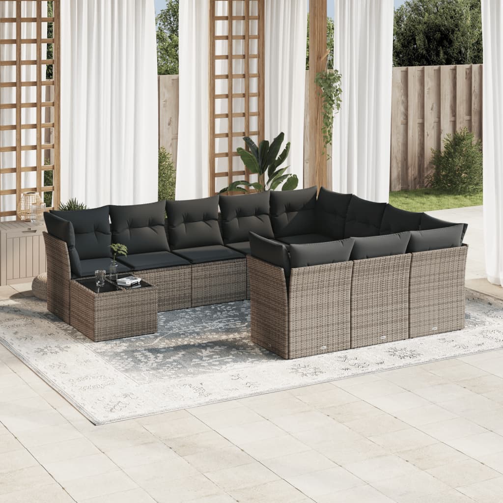 11-delige Loungeset met kussens poly rattan grijs