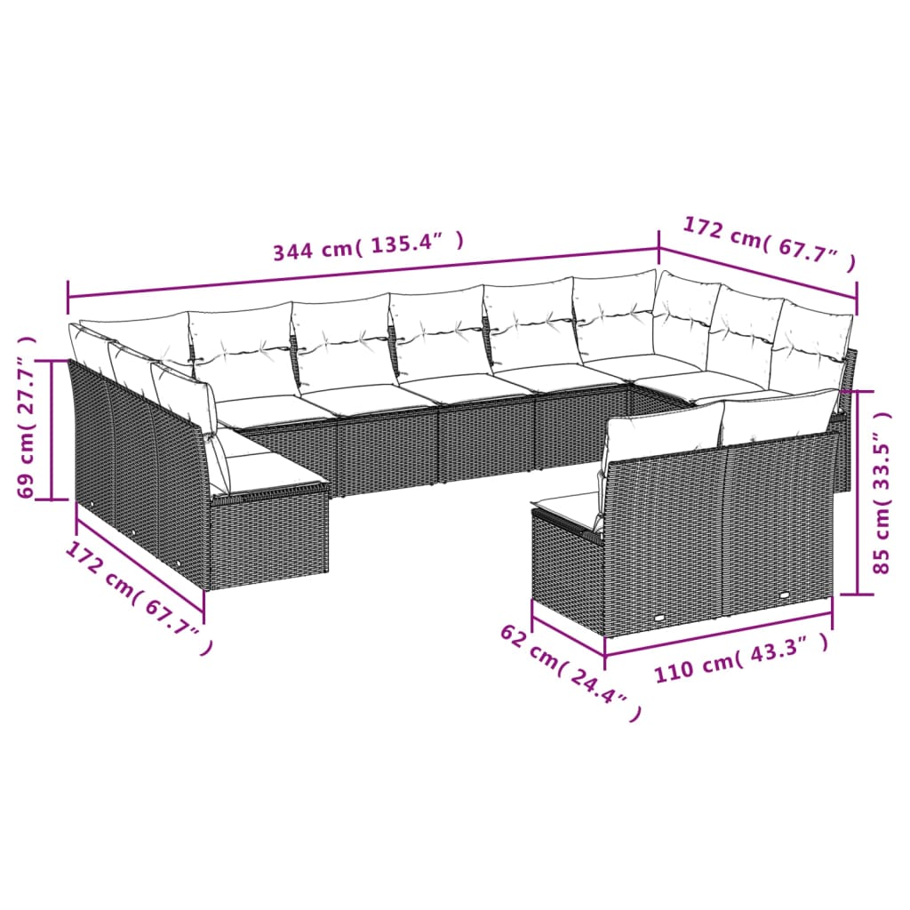 10-delige Loungeset met kussens poly rattan