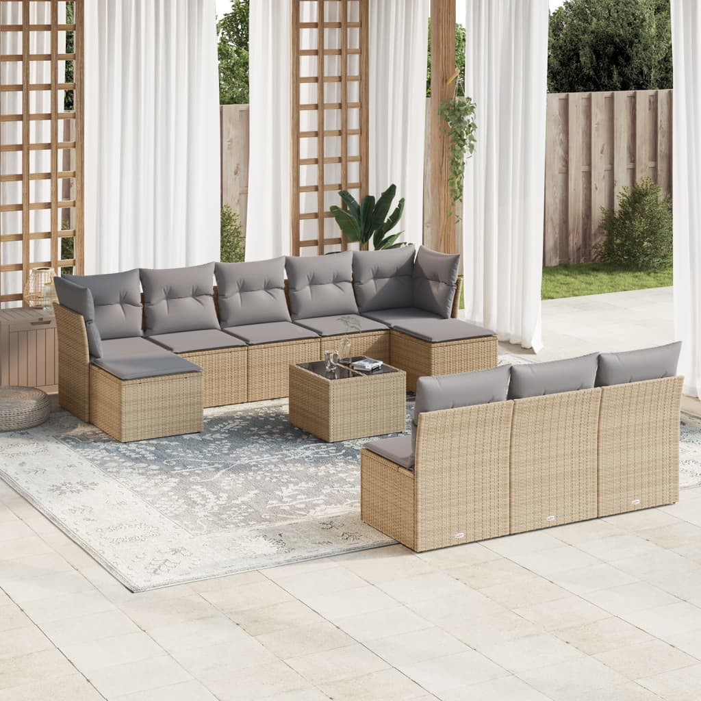 11-delige Tuinset met kussens poly rattan beige