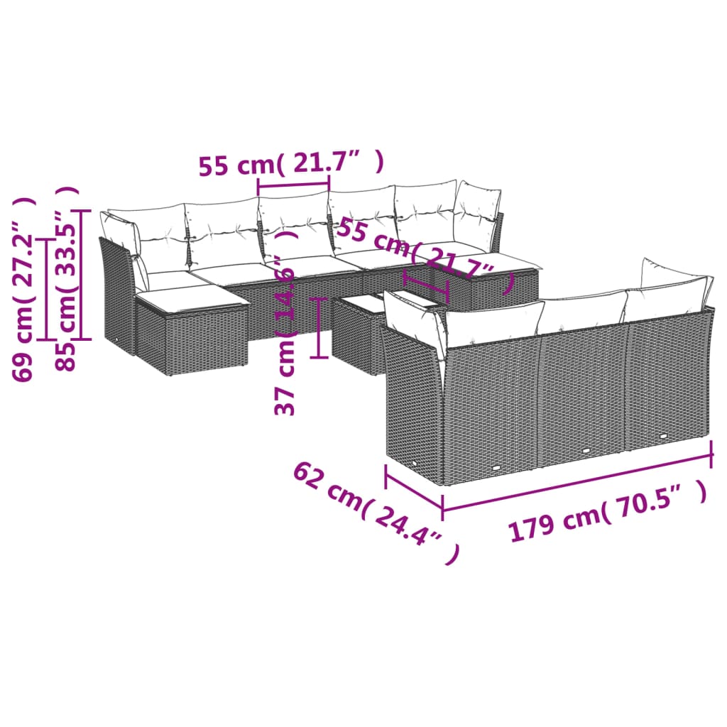 10-delige Loungeset met kussens poly rattan