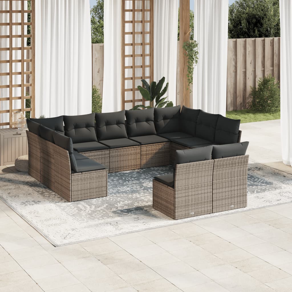 12-delige Loungeset met kussens poly rattan grijs