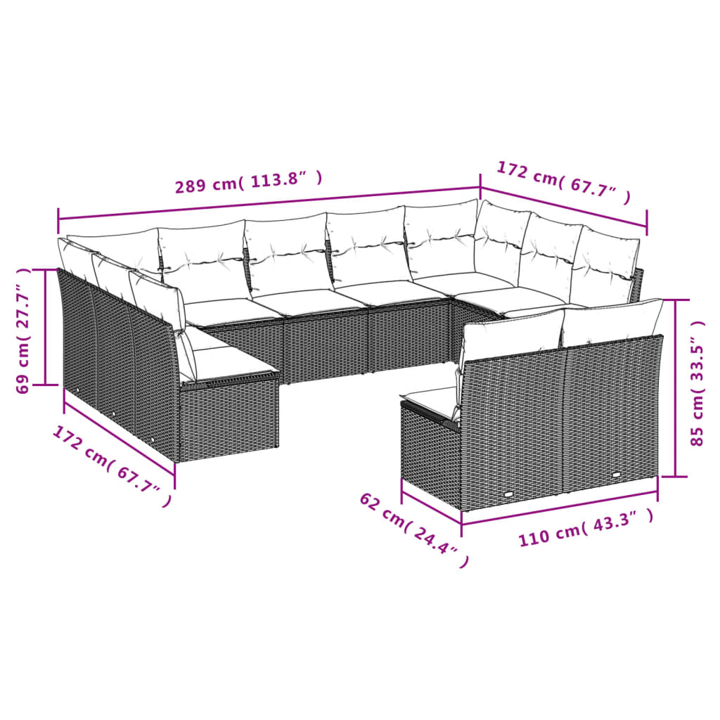 12-delige Loungeset met kussens poly rattan grijs