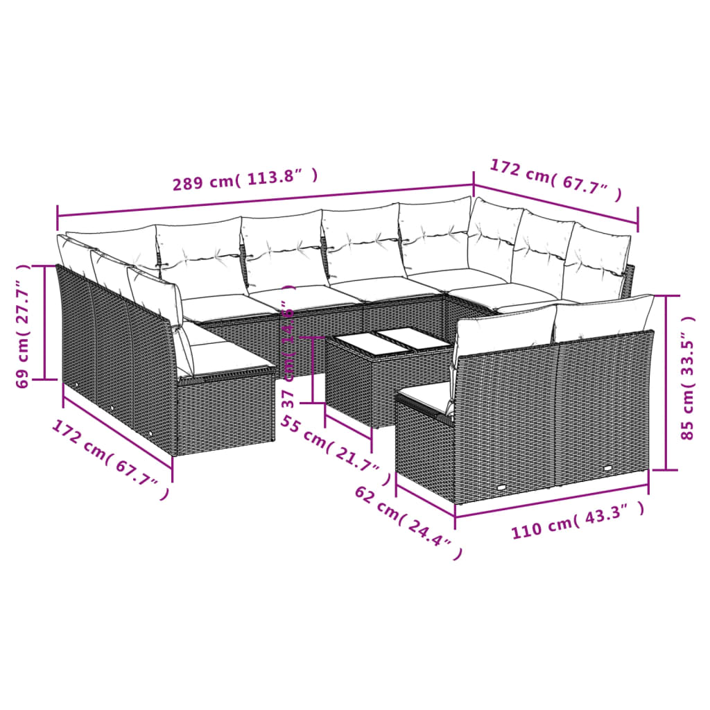 11-delige Loungeset met kussens poly rattan bruin