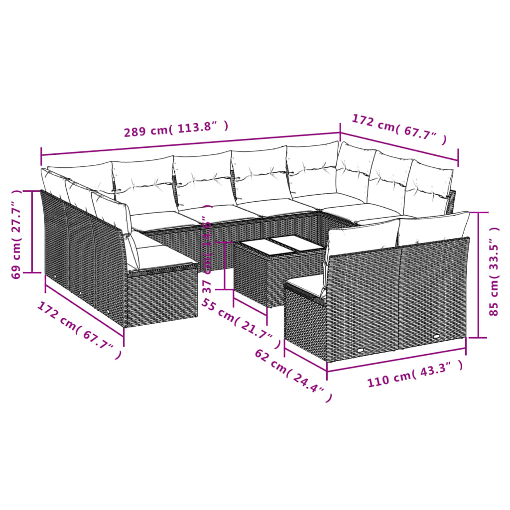 12-delige Loungeset met kussens poly rattan