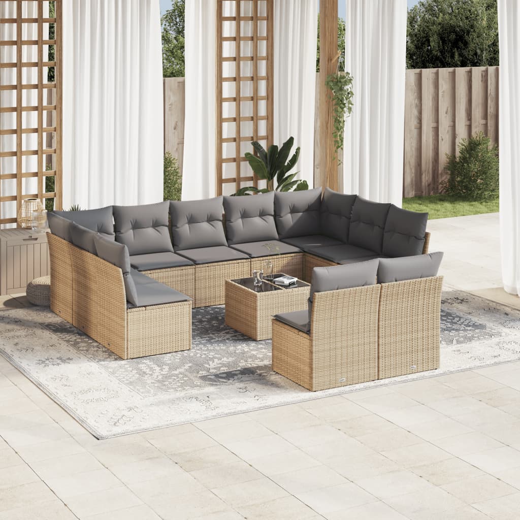 12-delige Loungeset met kussens poly rattan grijs