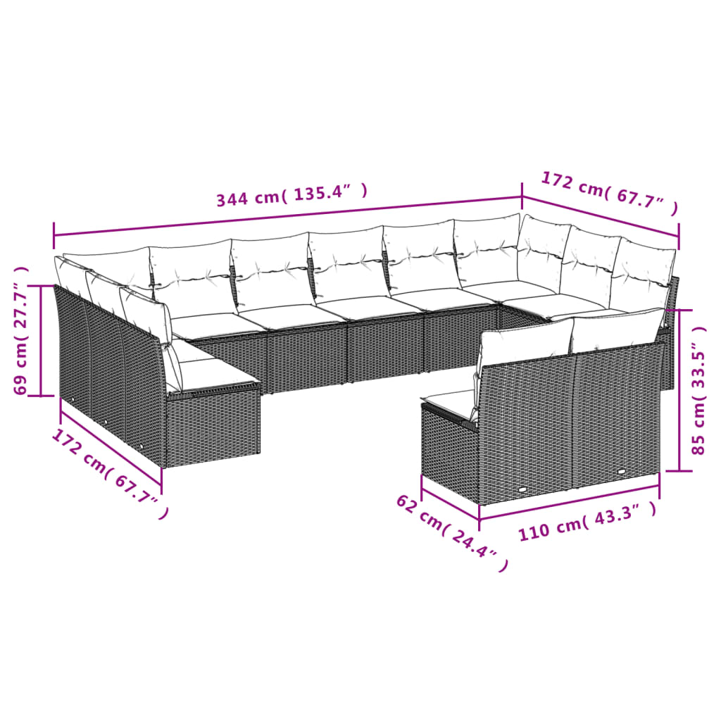 13-delige Loungeset met kussens poly rattan beige