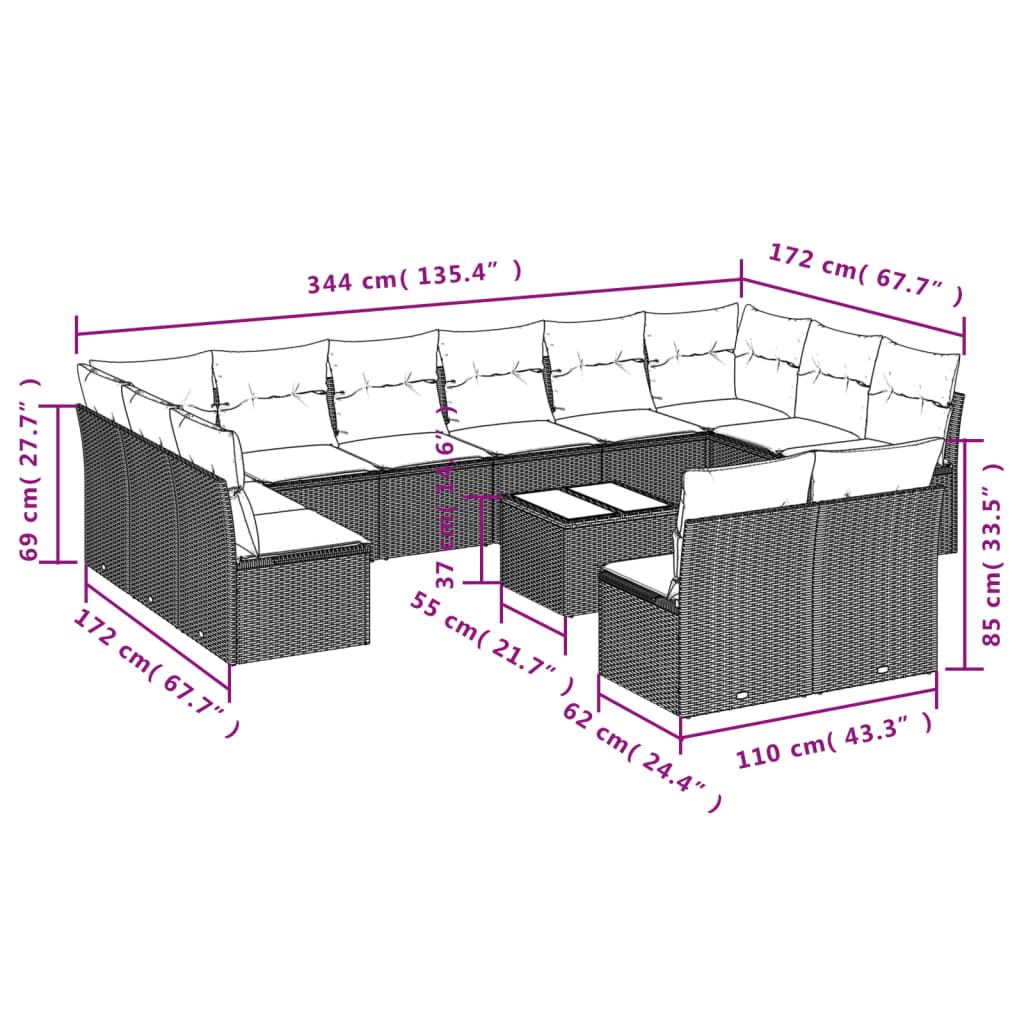 12-delige Loungeset met kussens poly rattan