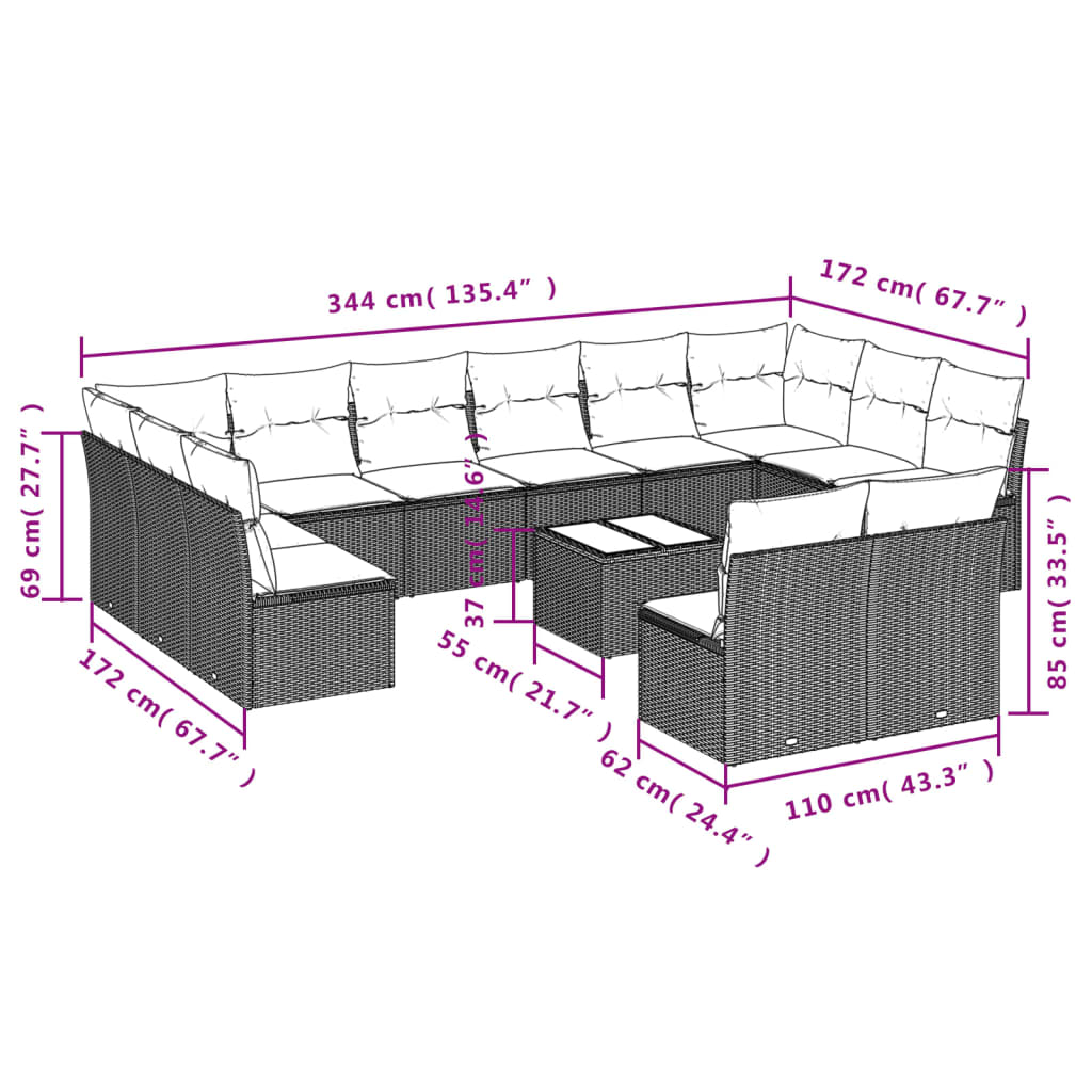 13-delige Loungeset met kussens poly rattan beige