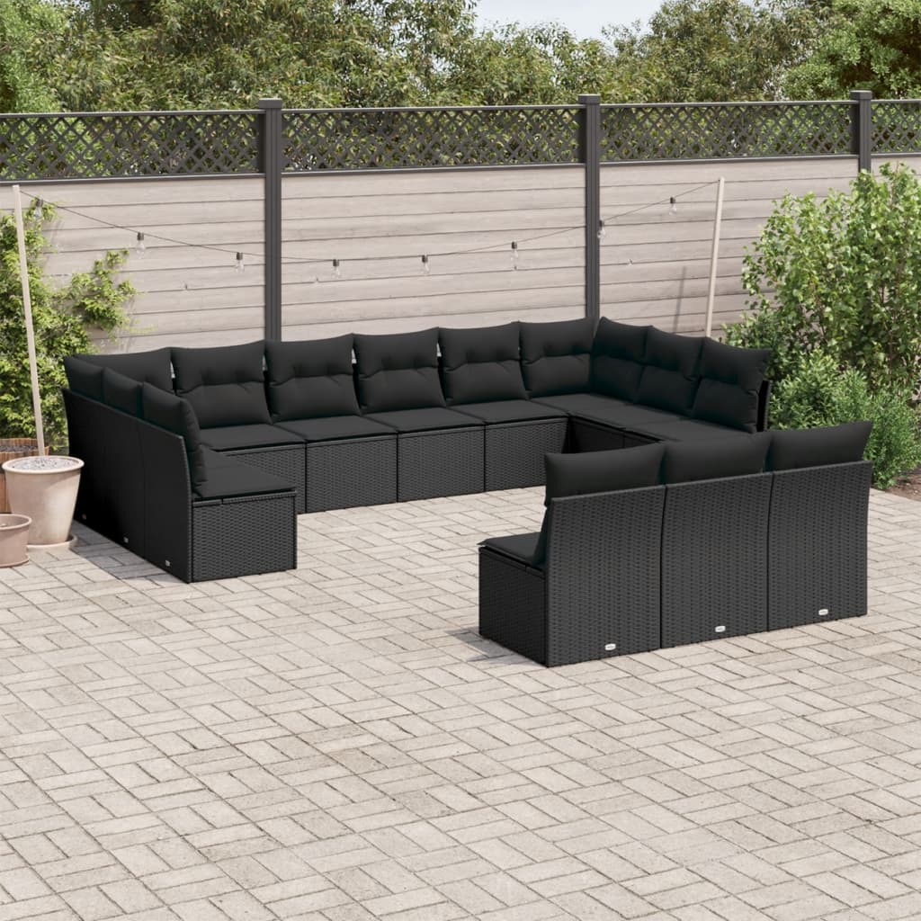 14-delige Loungeset met kussens poly rattan zwart