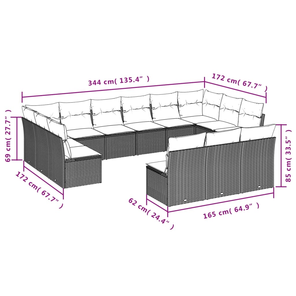 14-delige Loungeset met kussens poly rattan beige