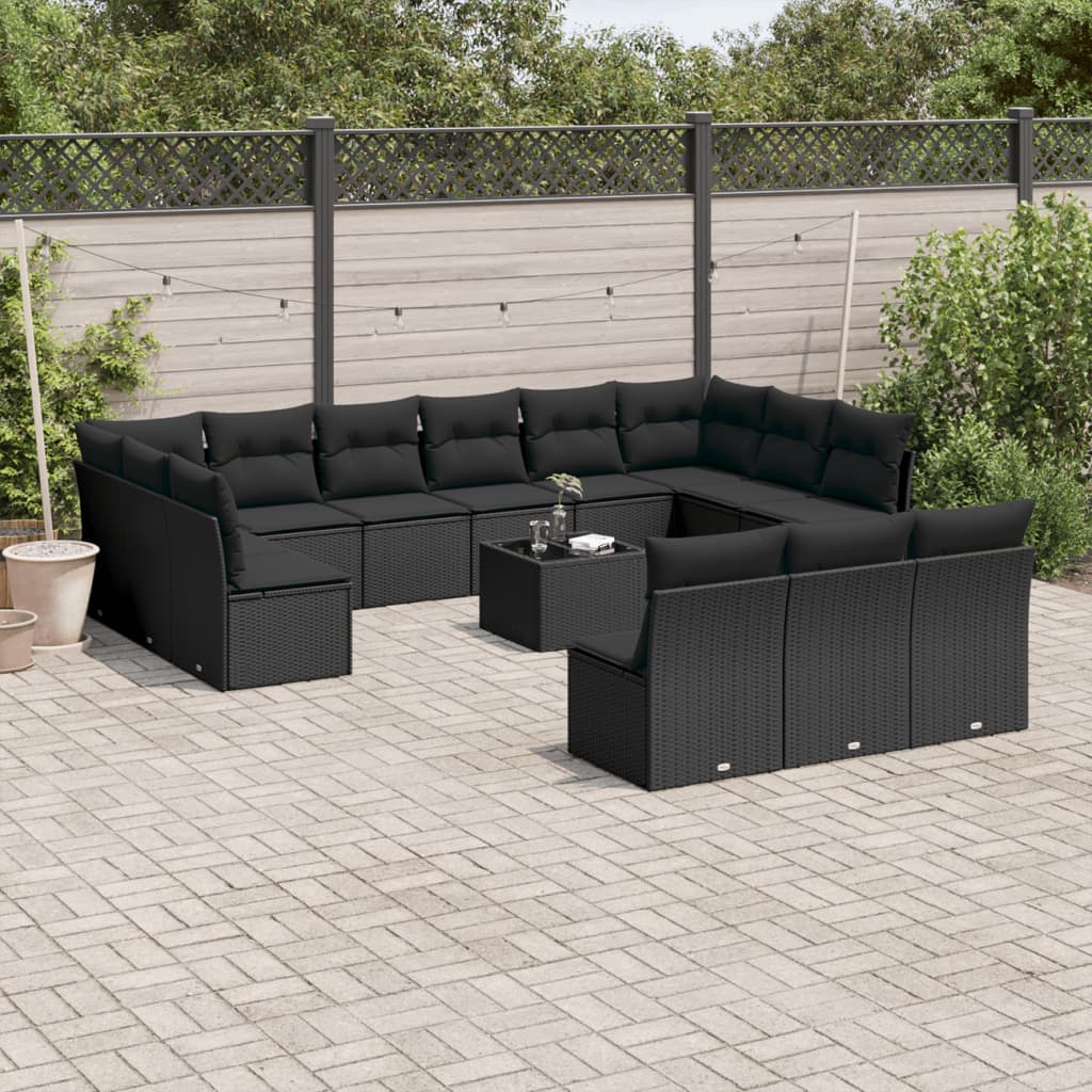 14-delige Loungeset met kussens poly rattan zwart