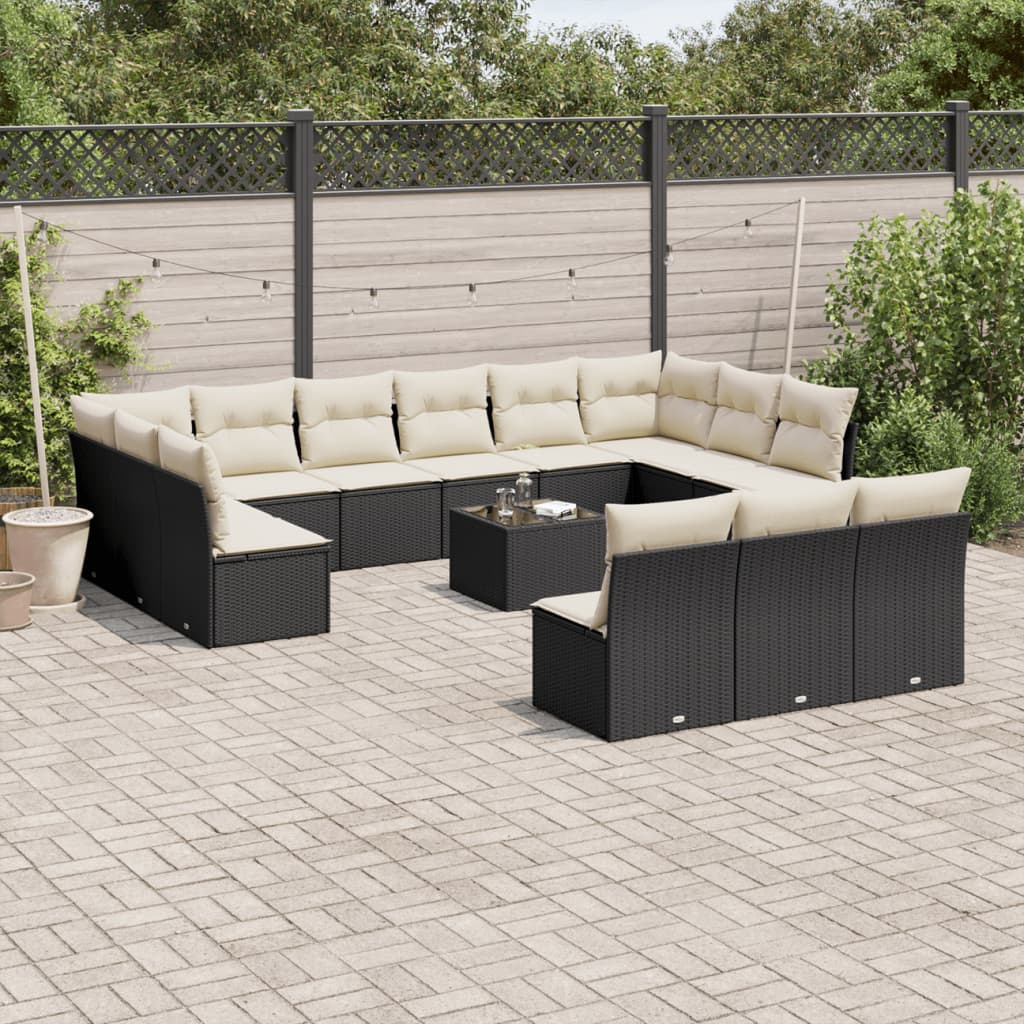 14-delige Loungeset met kussens poly rattan zwart