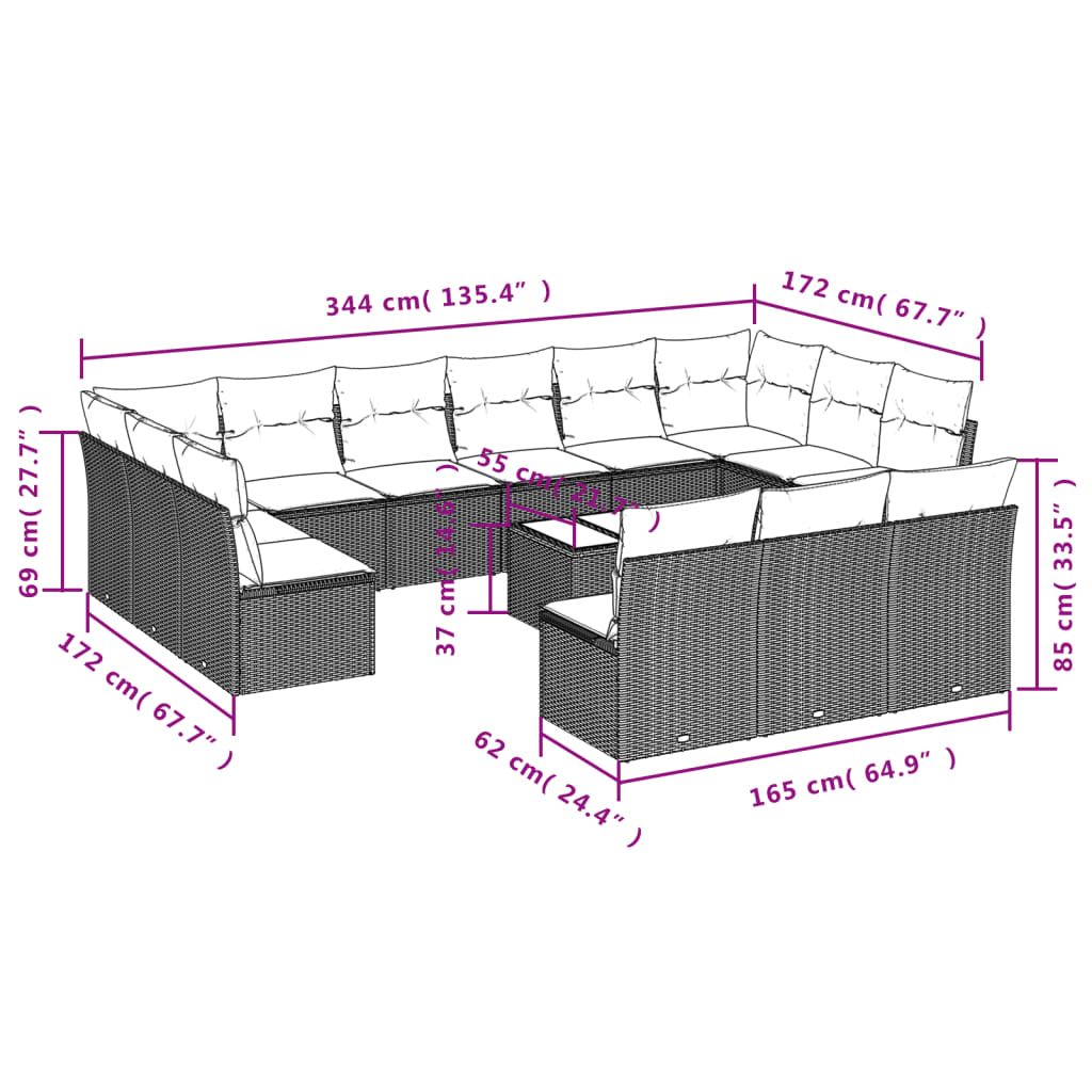 14-delige Loungeset met kussens poly rattan beige