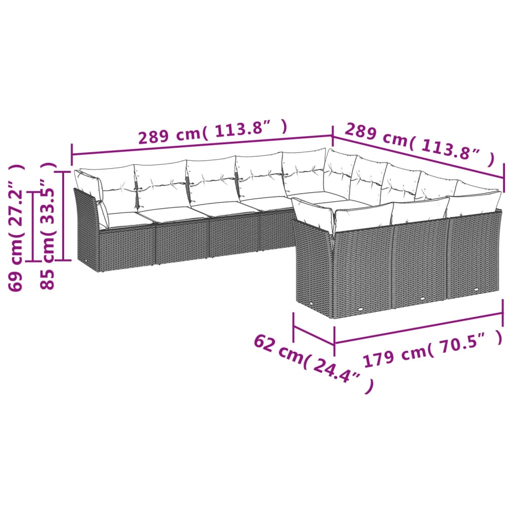 12-delige Loungeset met kussens poly rattan bruin