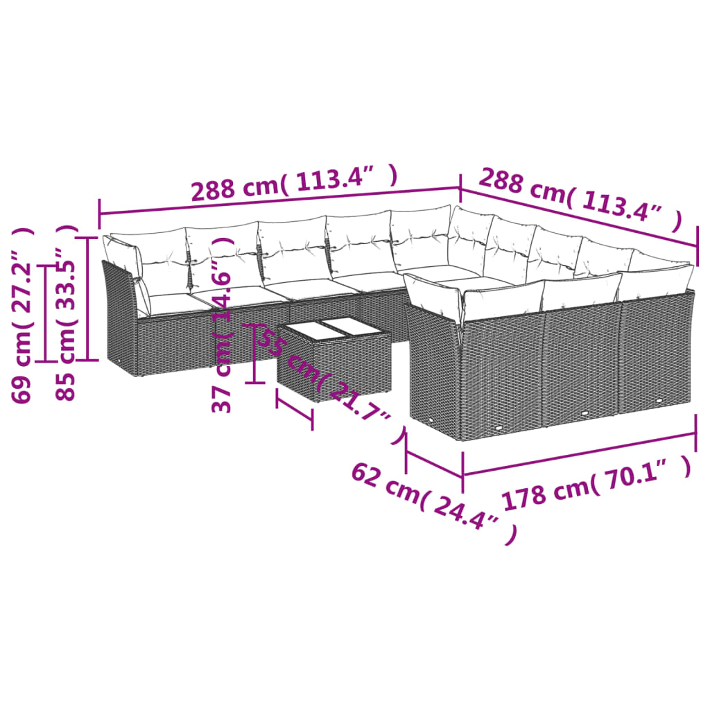 12-delige Loungeset met kussens poly rattan