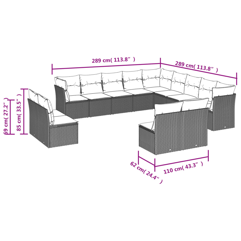 12-delige Loungeset met kussens poly rattan