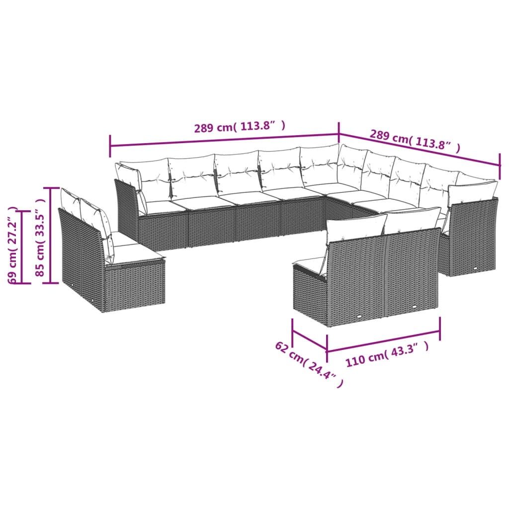 12-delige Loungeset met kussens poly rattan bruin