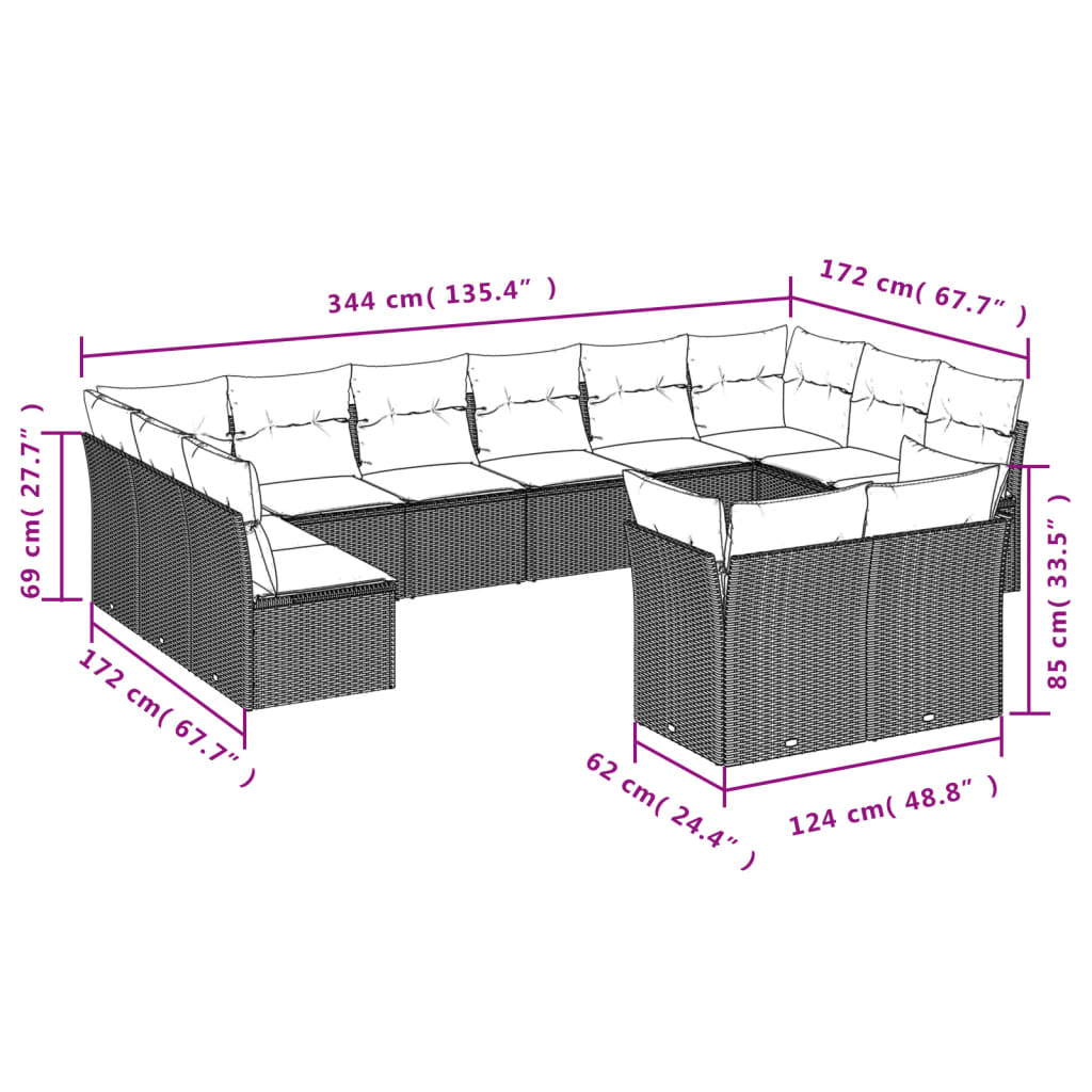 12-delige Loungeset met kussens poly rattan lichtgrijs