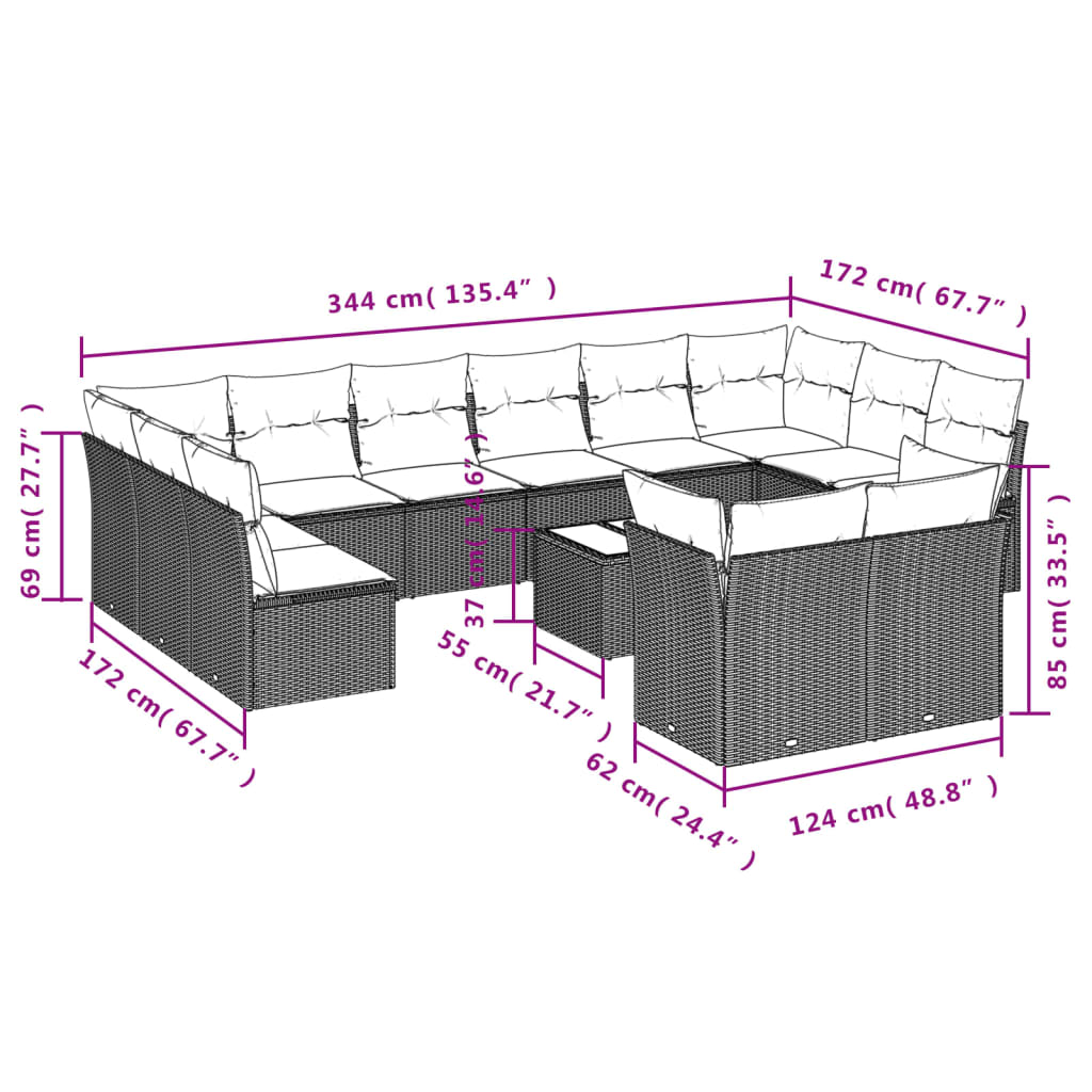 13-delige Loungeset met kussens poly rattan grijs