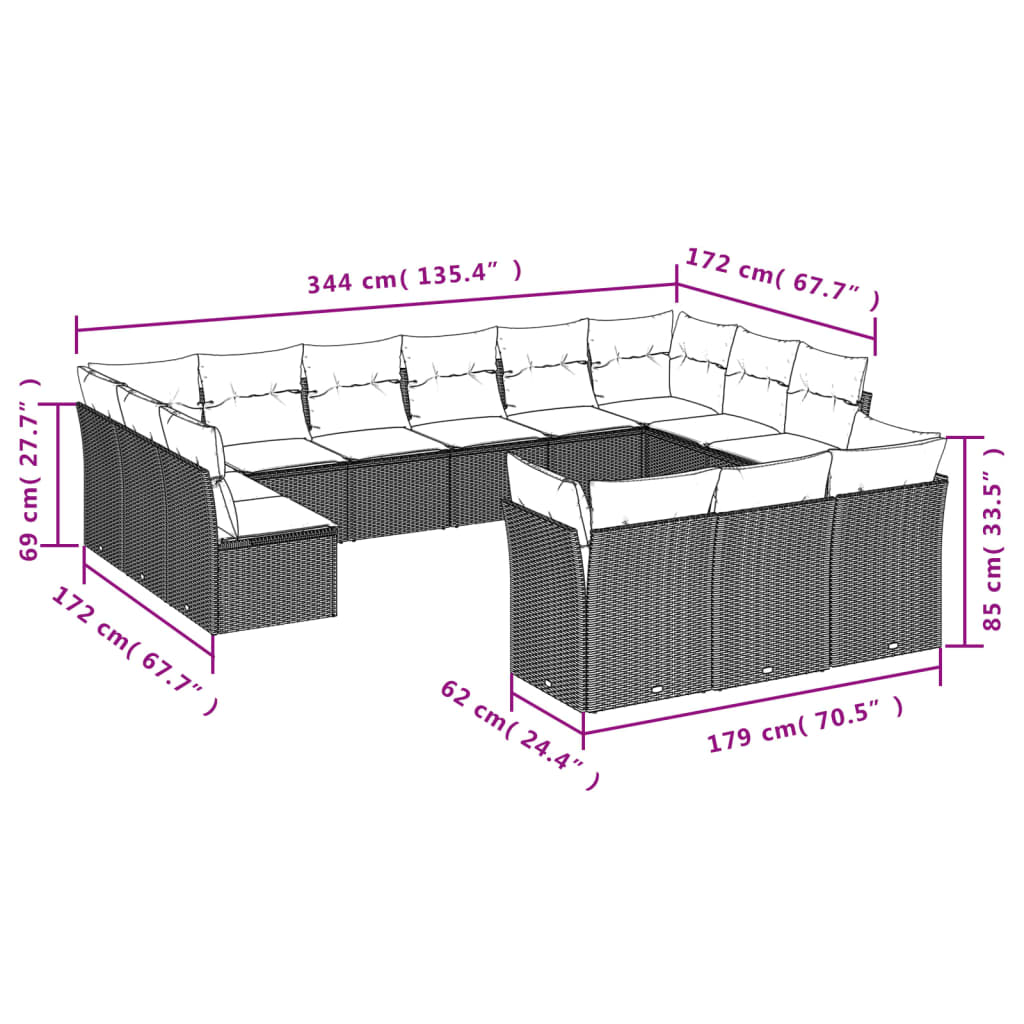 14-delige Loungeset met kussens poly rattan bruin