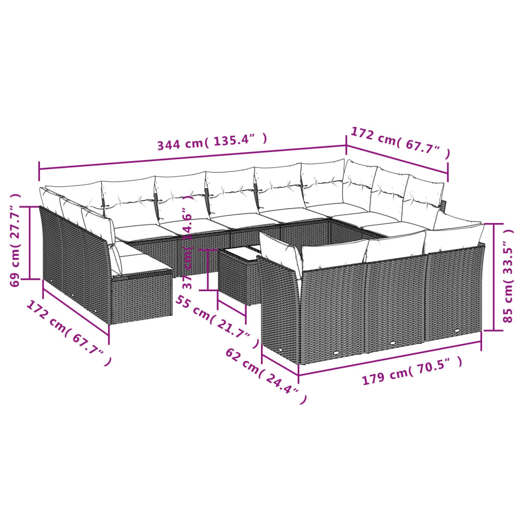 13-delige Loungeset met kussens poly rattan lichtgrijs