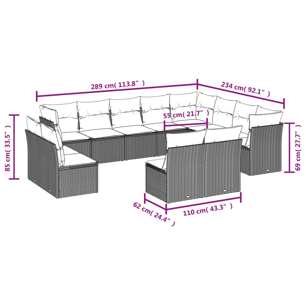 12-delige Loungeset met kussens poly rattan bruin