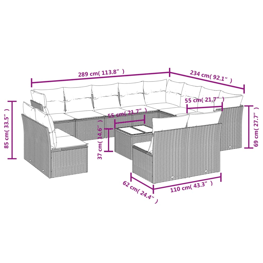 12-delige Loungeset met kussens poly rattan bruin