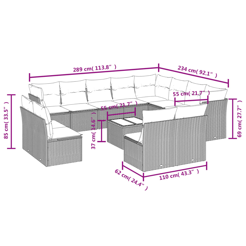 13-delige Loungeset met kussens poly rattan bruin