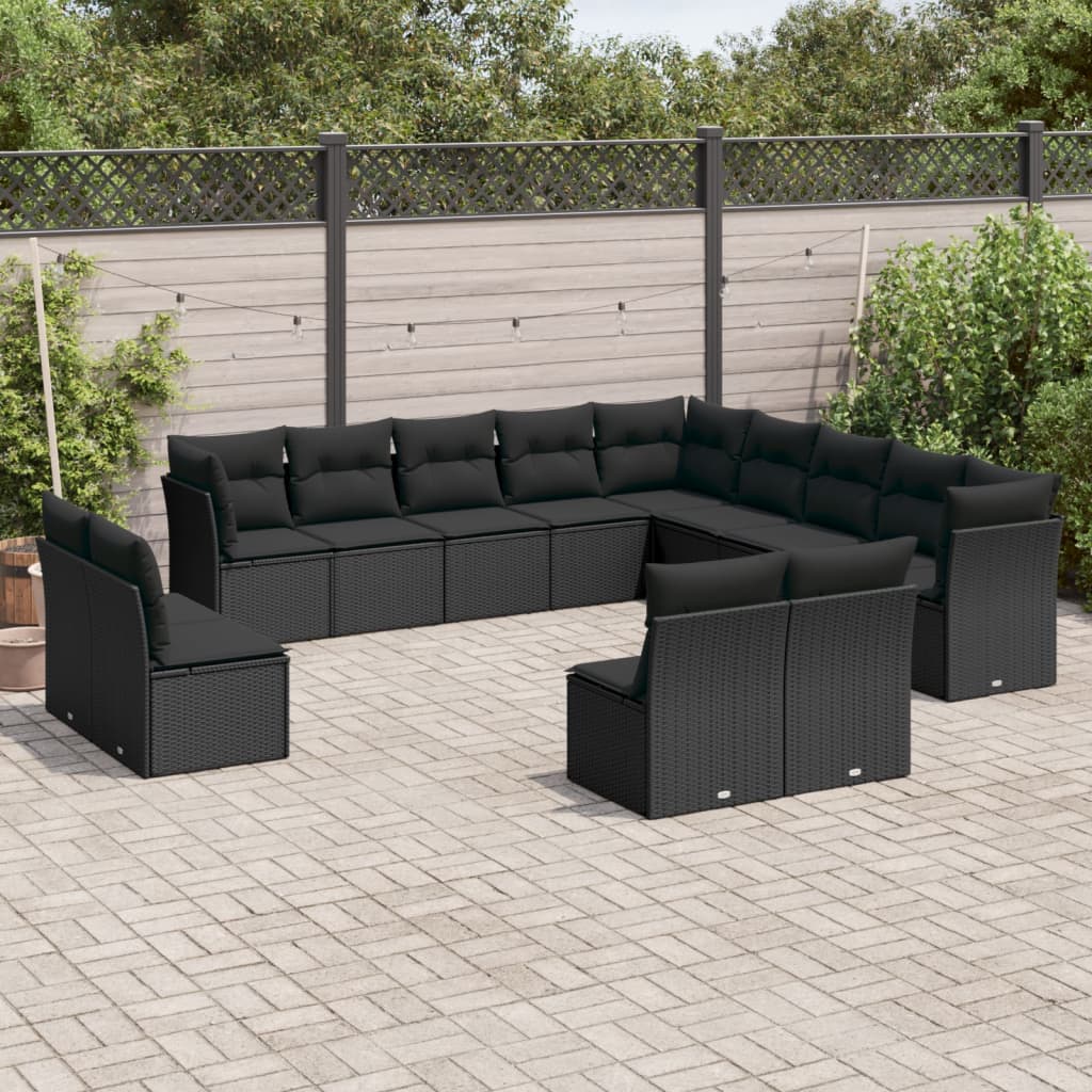 14-delige Loungeset met kussens poly rattan zwart