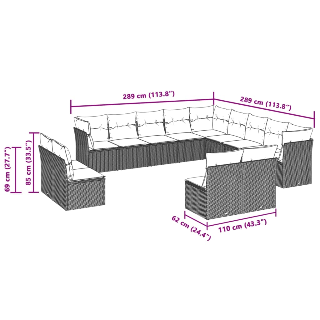 14-delige Loungeset met kussens poly rattan bruin