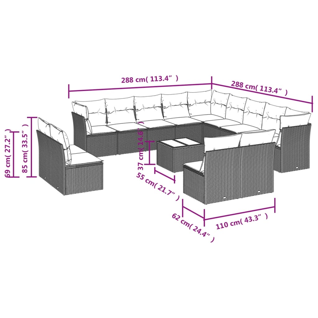 14-delige Loungeset met kussens poly rattan