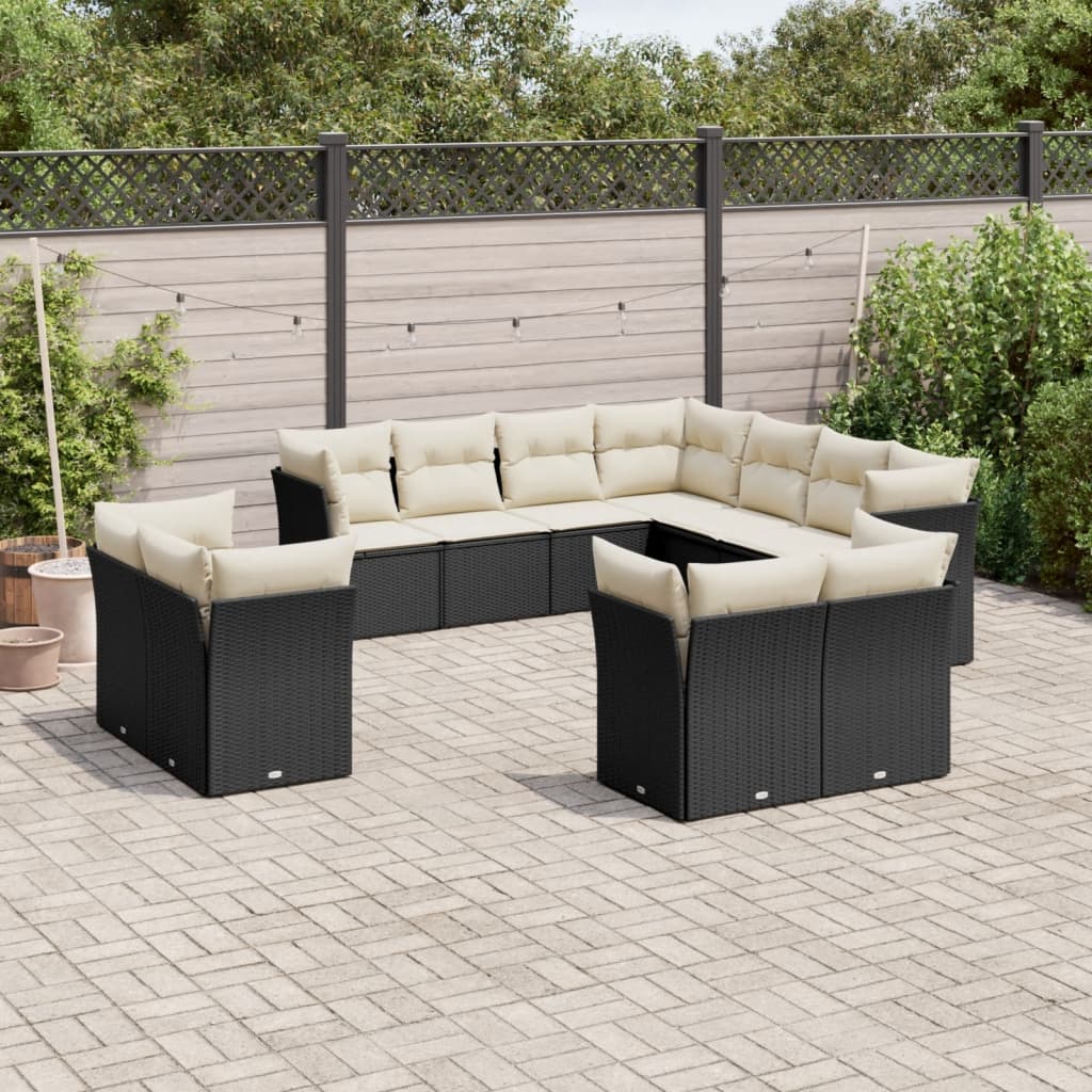 11-delige Loungeset met kussens poly rattan zwart